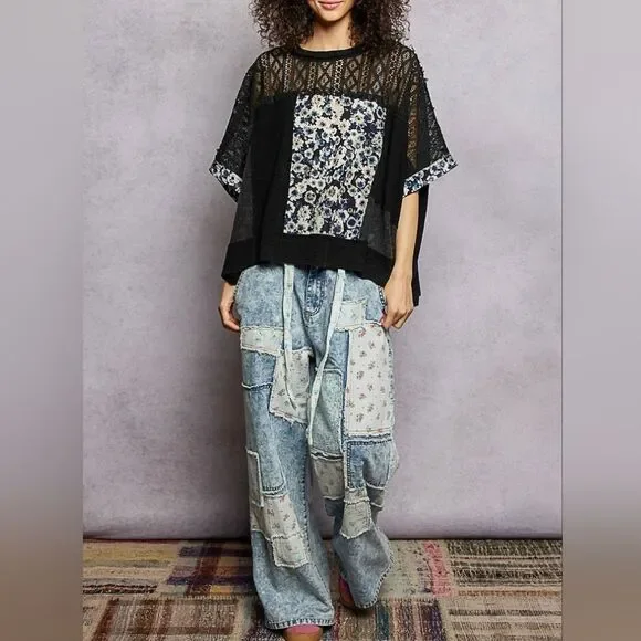 POL Women's Sheer Casual Crochet Patchwork Lace Accent Baggy Knit Shirt sz Mediu
